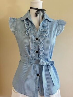 Vintage Y2K coquette ruffle bow tie waist lolita blouse retro rockabilly 50s S
